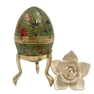 Enameled Floral  Cloisonne Brass Egg Trinket Box with Brass Stand